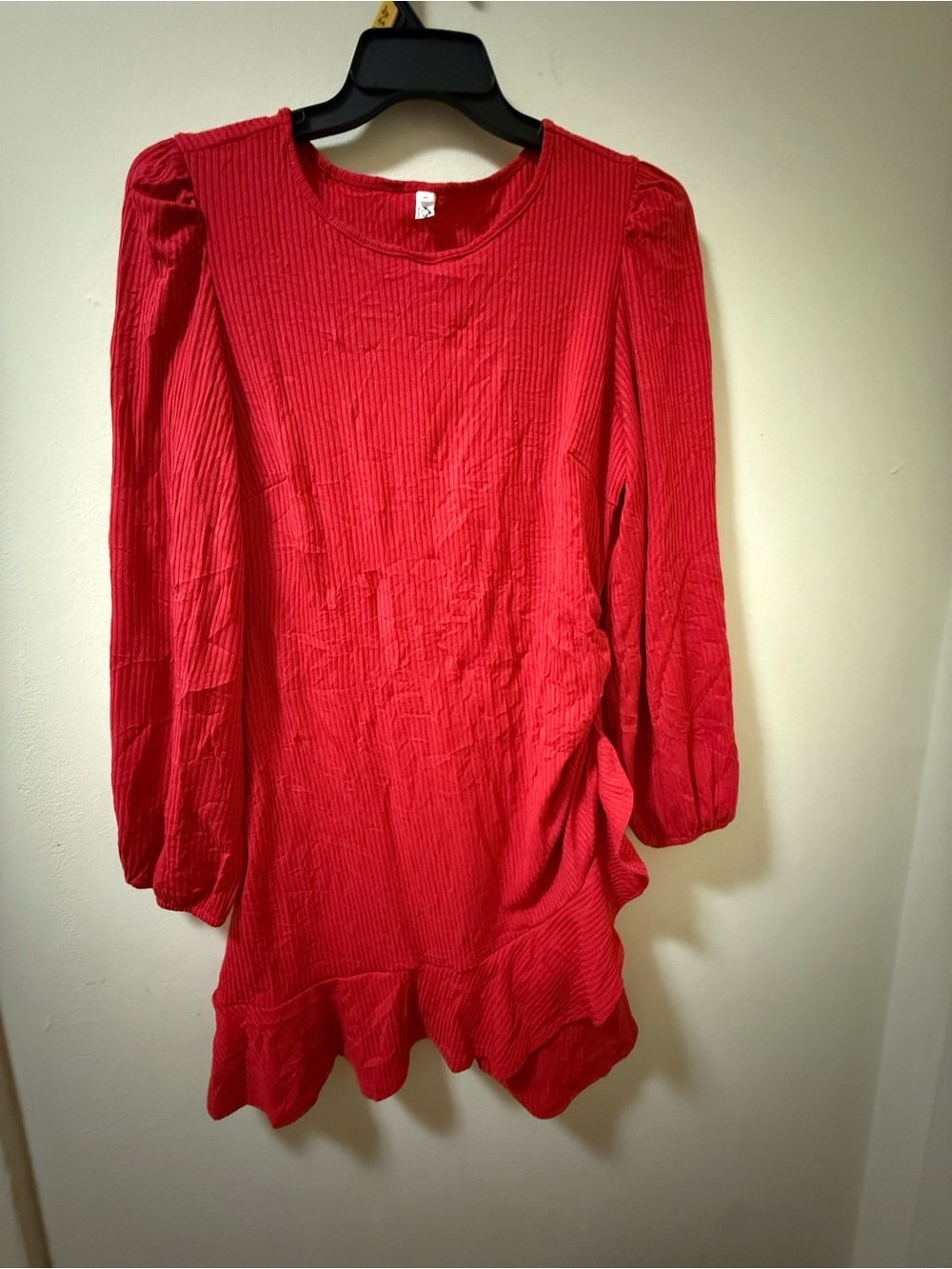 Ribbed Red Long-Sleeve Ruffle-Hem Tunic